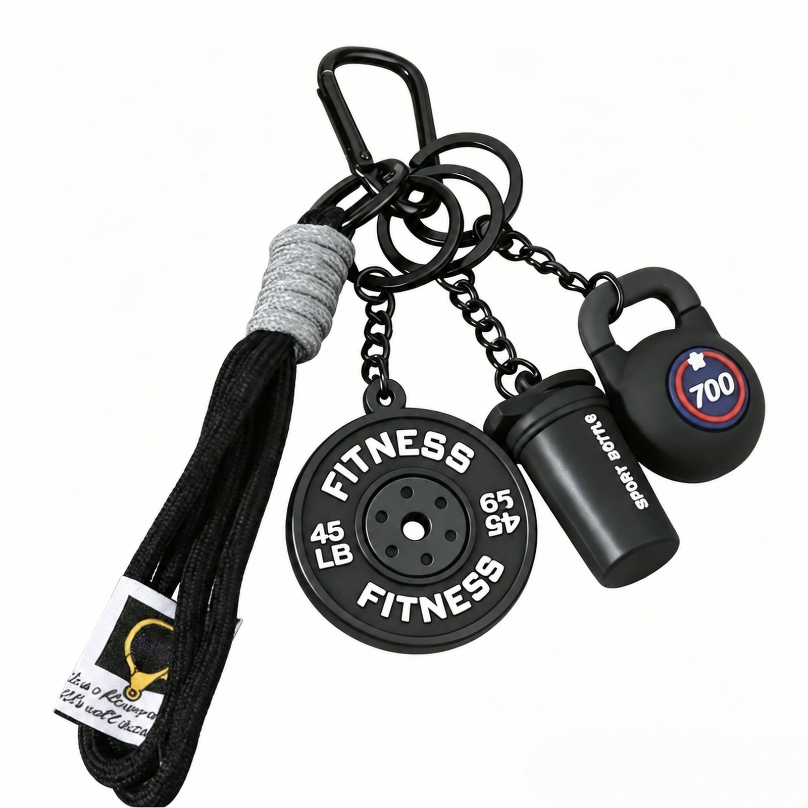 Fitness plate and kettlebell and bottle charms with cord loop and clasp in black, gray, white, shown as a clip-on charm.