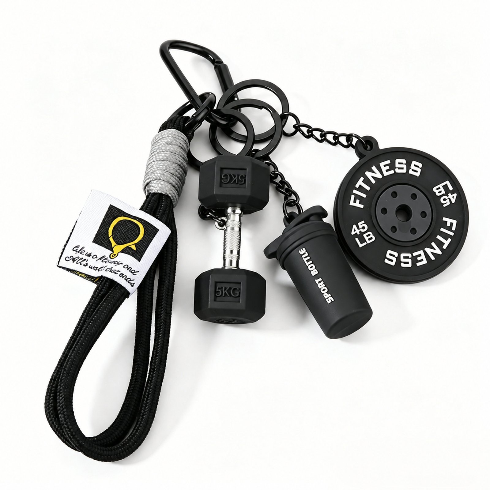 Fitness plate and dumbbell and bottle charms with cord loop and clasp in black, gray, white, shown as a clip-on charm.