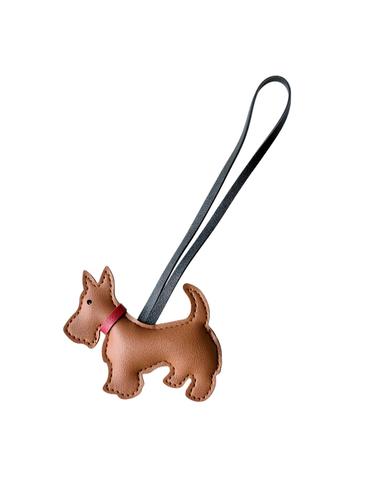 Standing dog-shaped padded charm with long loop in brown, pink, black, shown as a decorative hanging charm.