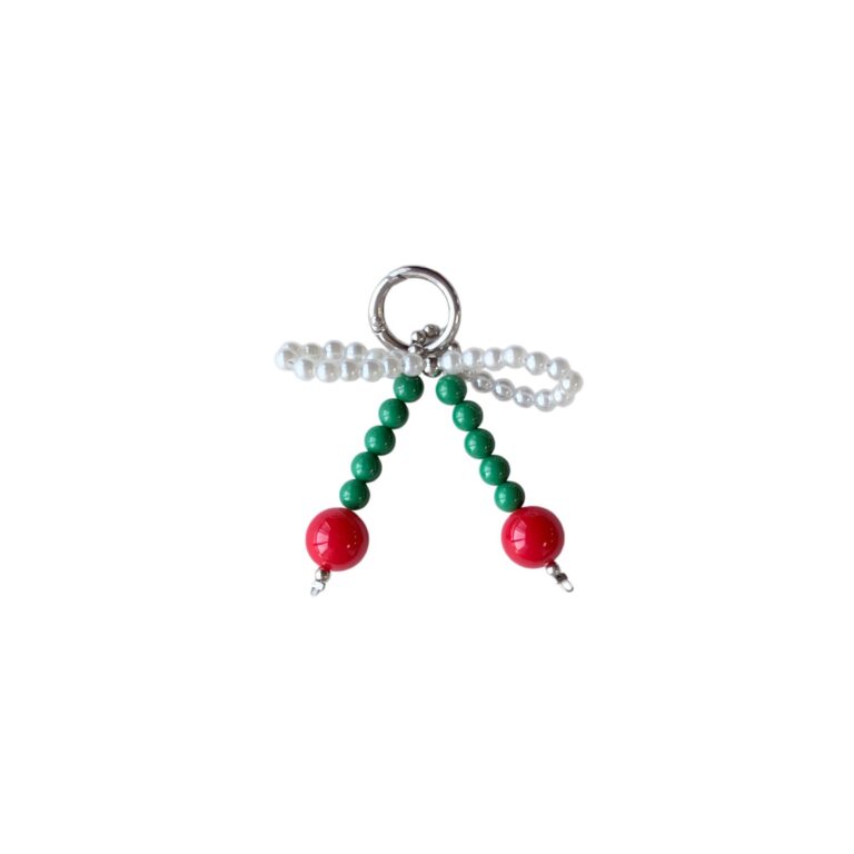 Cherry-shaped phone charm with green bead stems, red beads and a pearl-like bow