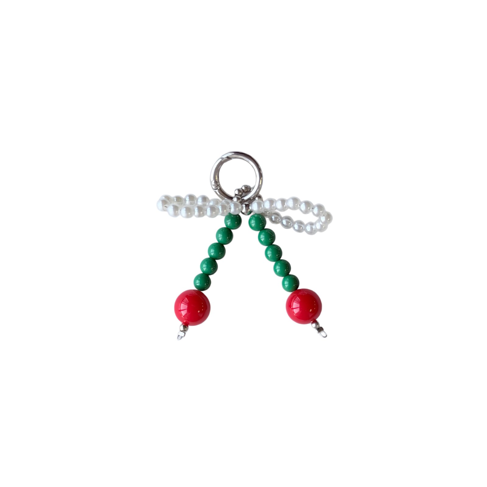 Cherry-like twin bead stems with clear bead bow and ring in green, red, clear, silver-tone, shown as a keychain.