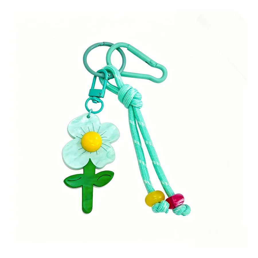 Custom acrylic flower phone charm with colorful cord and beads for bulk phone accessory projects.