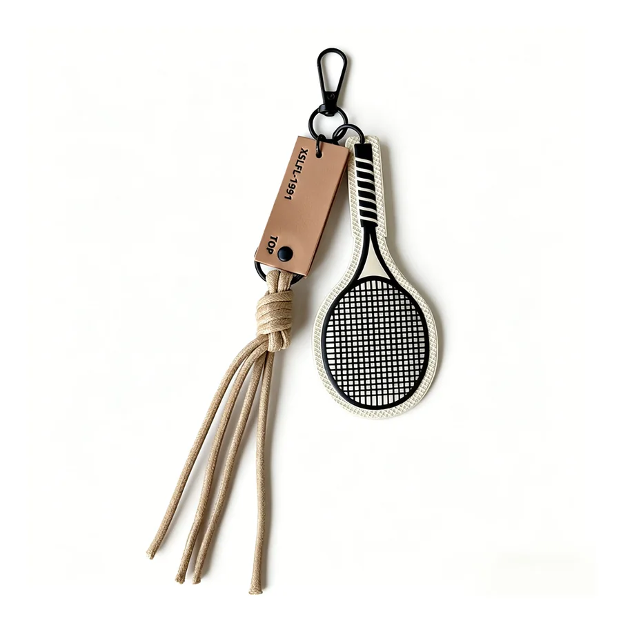 Custom leather and PU phone strap with sport charm and black hardware for retail accessory lines.