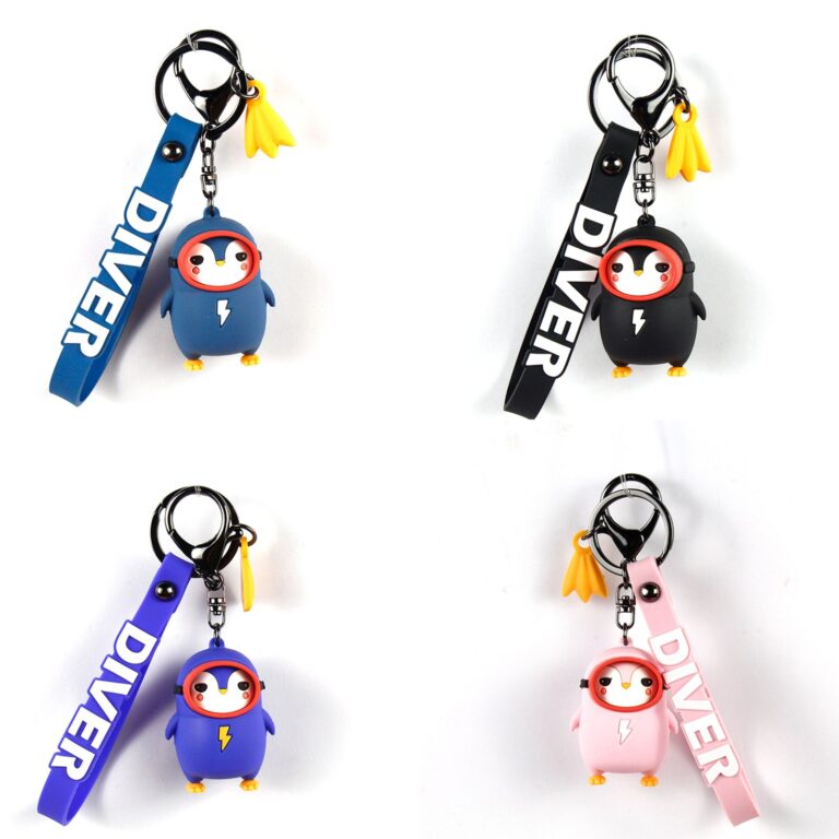 Four diver figure keychains with blue, black, purple and pink straps