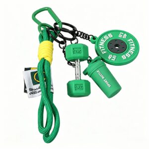Fitness plate and dumbbell and bottle charms with cord loop and clasp in green, yellow, black, white, shown as a clip-on charm.