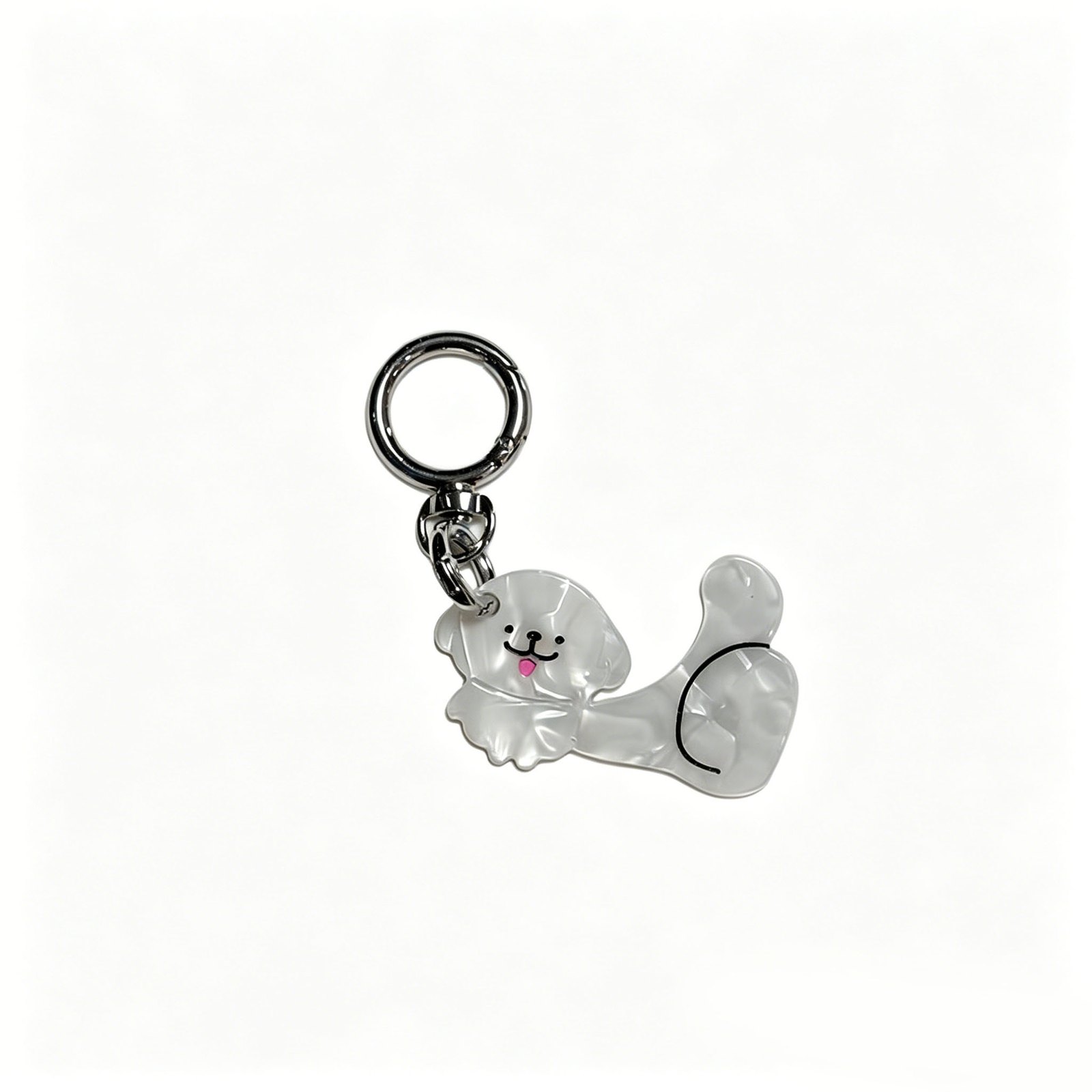 Curled-tail cat charm with round ring in gray, white, pink, silver-tone, shown as a keychain.