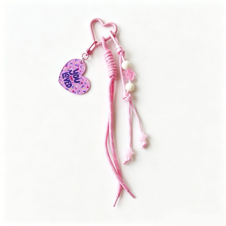 Pink cord bag charm with a round message tag and small flower charms