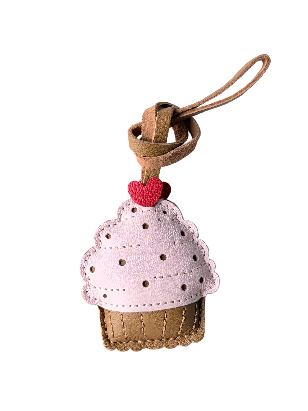 Cupcake-shaped layered charm with heart and loop in pink, brown, red, black, shown as a decorative hanging charm.