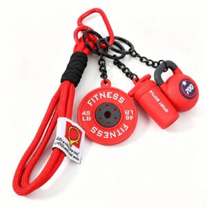 Fitness plate and kettlebell and bottle charms with cord loop and clasp in red, black, white, shown as a clip-on charm.