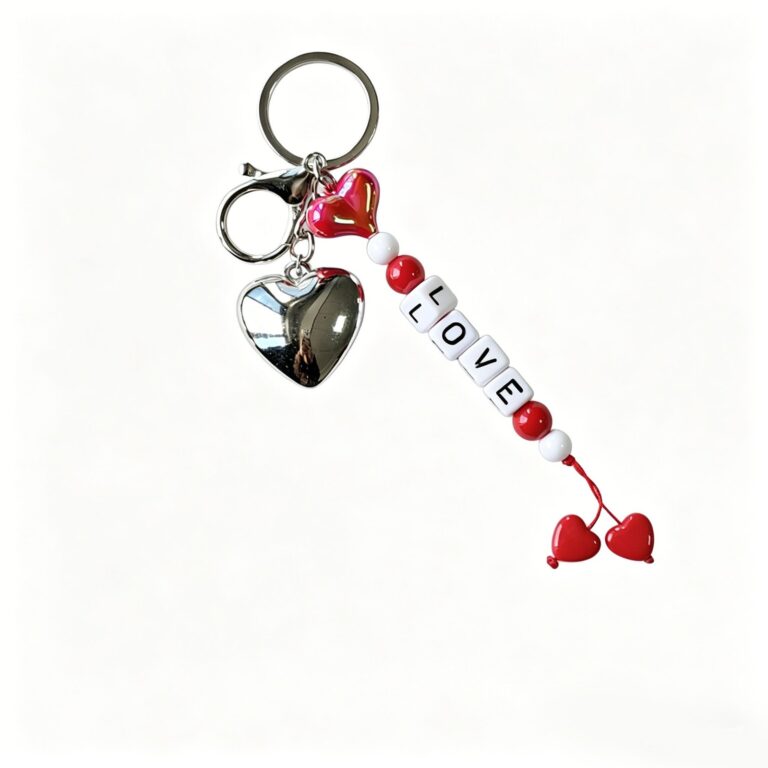 Red and white LOVE letter-bead keychain with a silver-tone heart charm