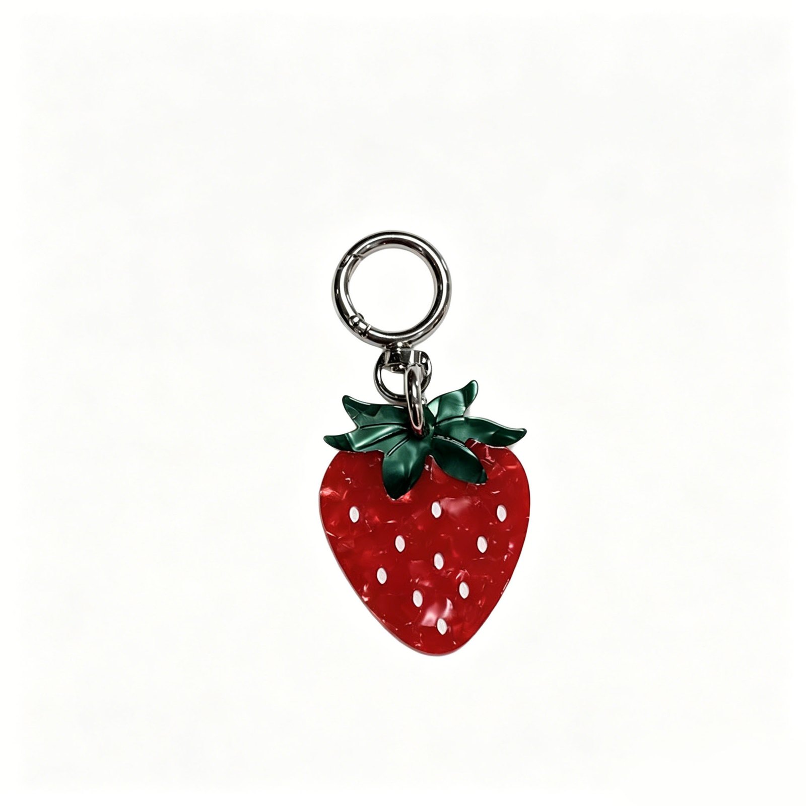 Strawberry charm with round ring in red, green, white, silver-tone, shown as a keychain.