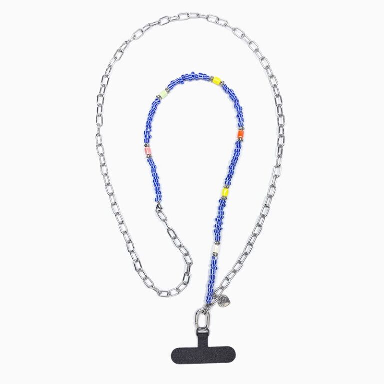 Silver-tone chain phone strap with a blue beaded section and a black phone patch