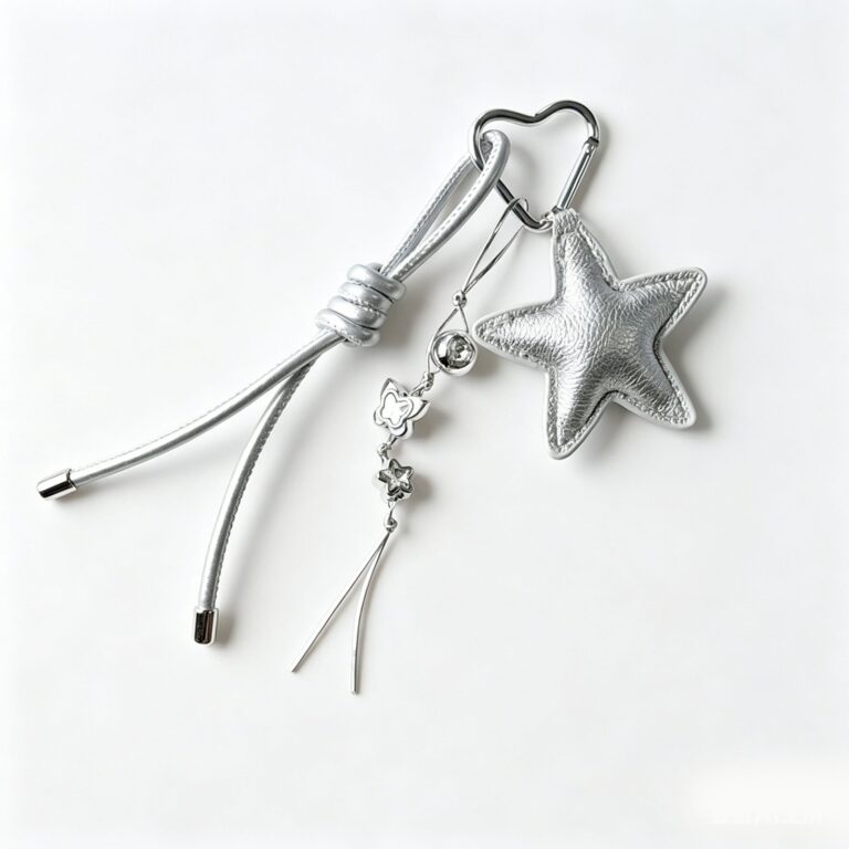 Silver-tone star bag charm with cord tassels, small flower charms and a heart-shaped clip