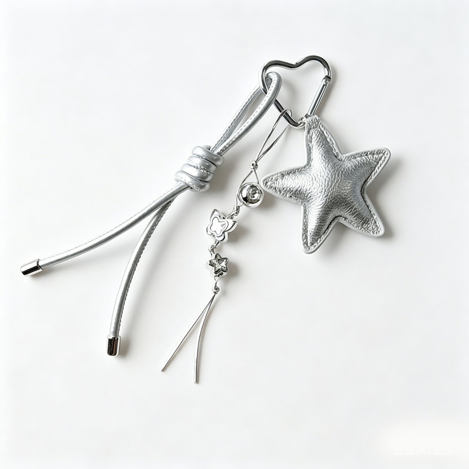 Silver-tone star bag charm with cord tassels, small flower charms and a heart-shaped clip