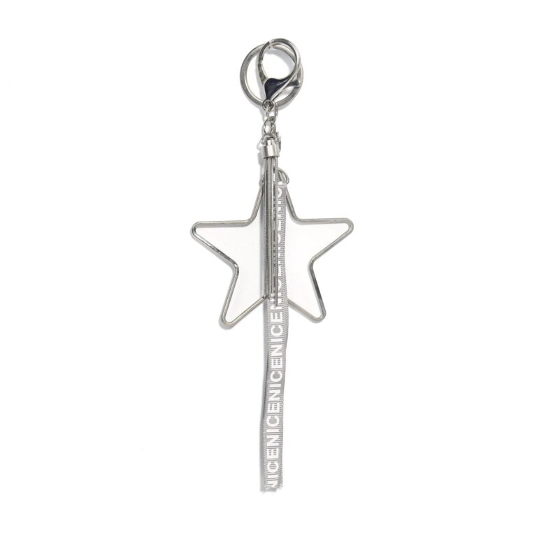 Open silver-tone star charm with a grey printed strap and clasp