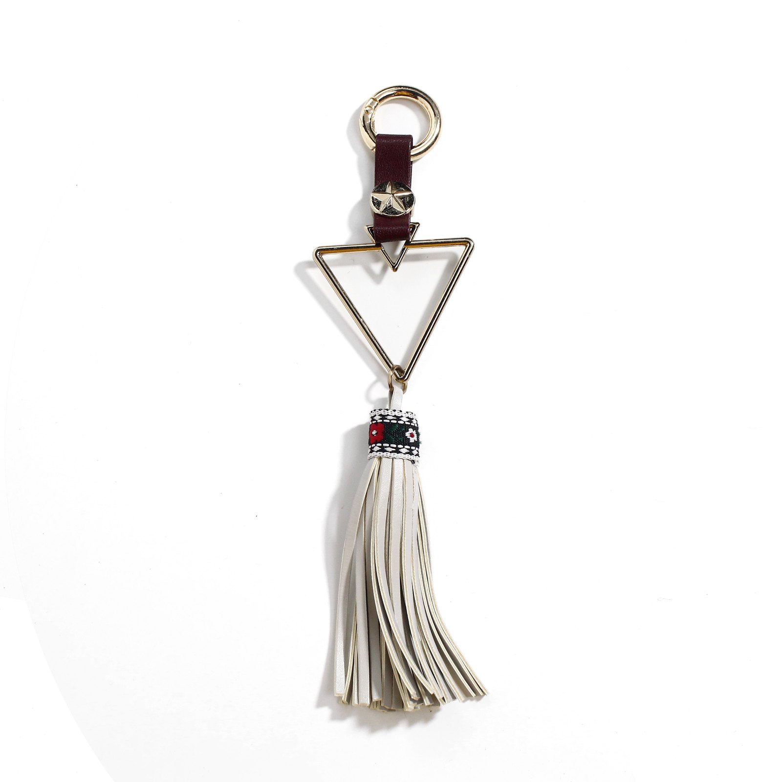Beige and burgundy tassel keyring with open triangle
