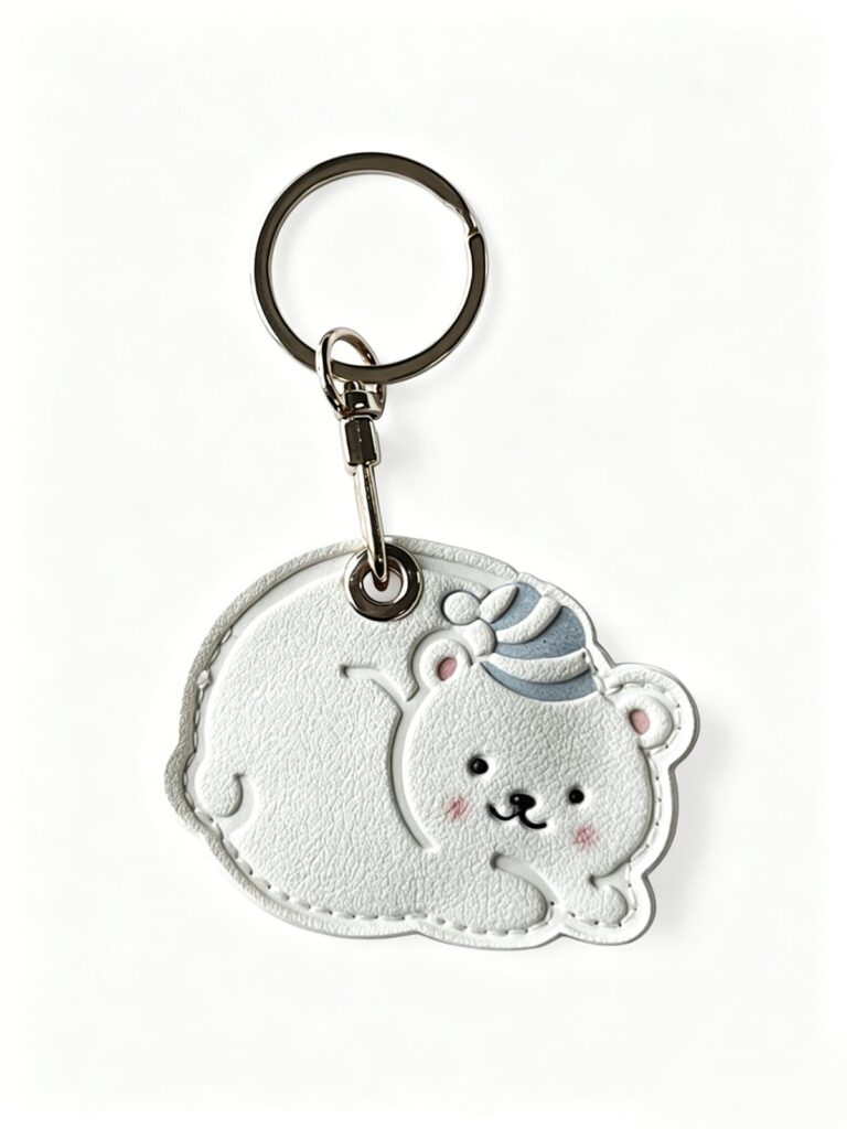 White bear-shaped keychain with stitched outlines and a silver-tone ring