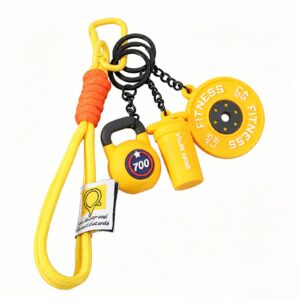 Fitness plate and kettlebell and bottle charms with cord loop and clasp in yellow, orange, black, white, shown as a clip-on charm.
