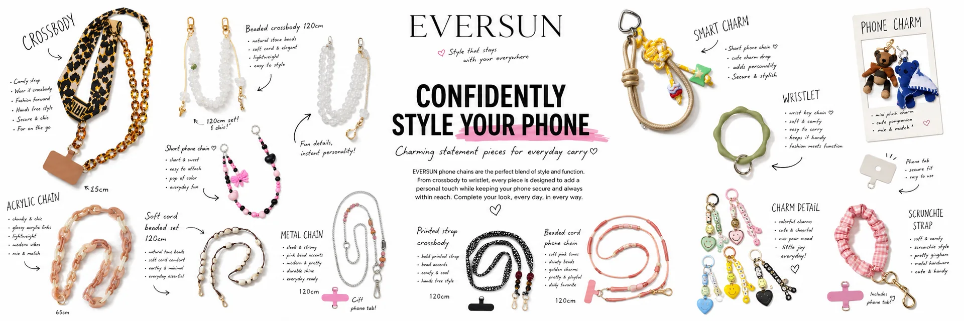 Eversun Accessory homepage poster featuring custom phone chains, wristlet phone straps, bag charms, keychains and retail-ready wearable accessories for brands.