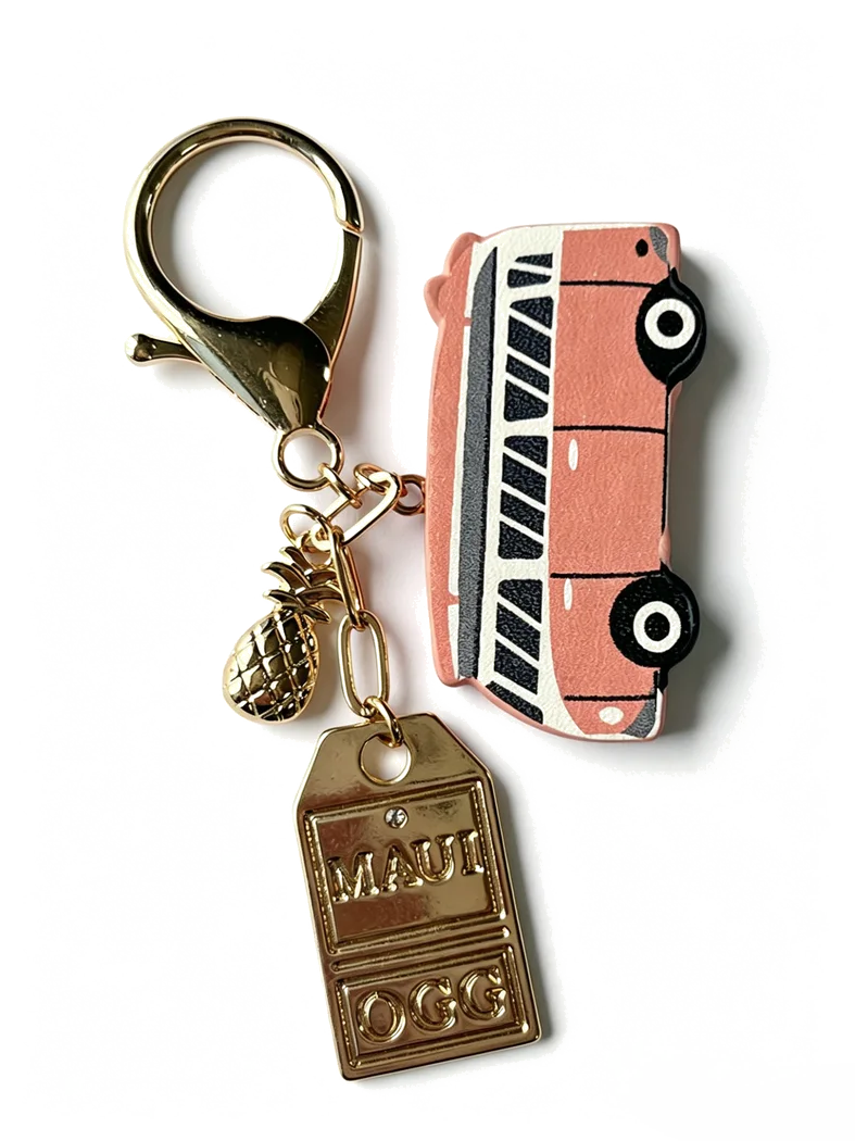 Custom pink vehicle keychain for retail brand merchandise and gift collections.