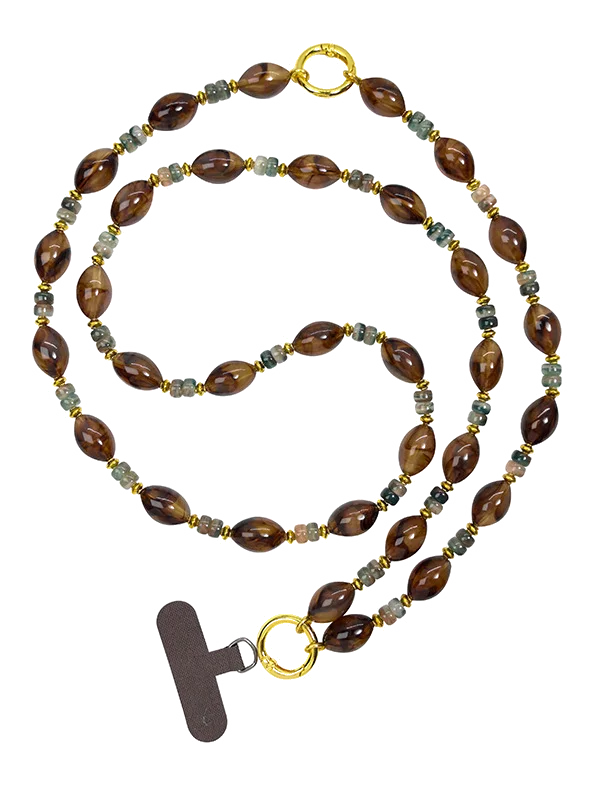 Custom brown beaded phone crossbody chain for hands-free phone strap buyers.