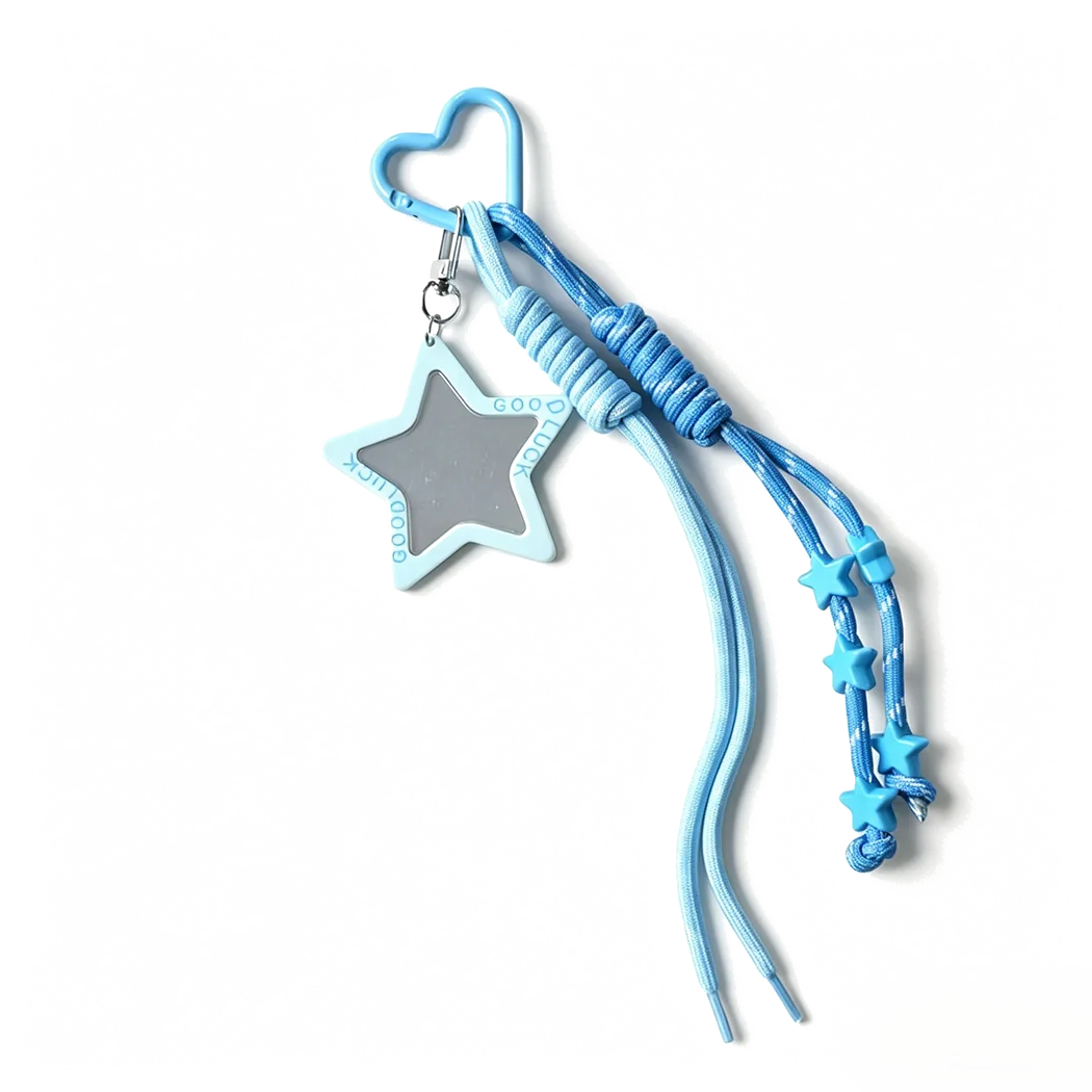 Custom blue star tumbler charm with rope and metal connector for retail drinkware accessories.