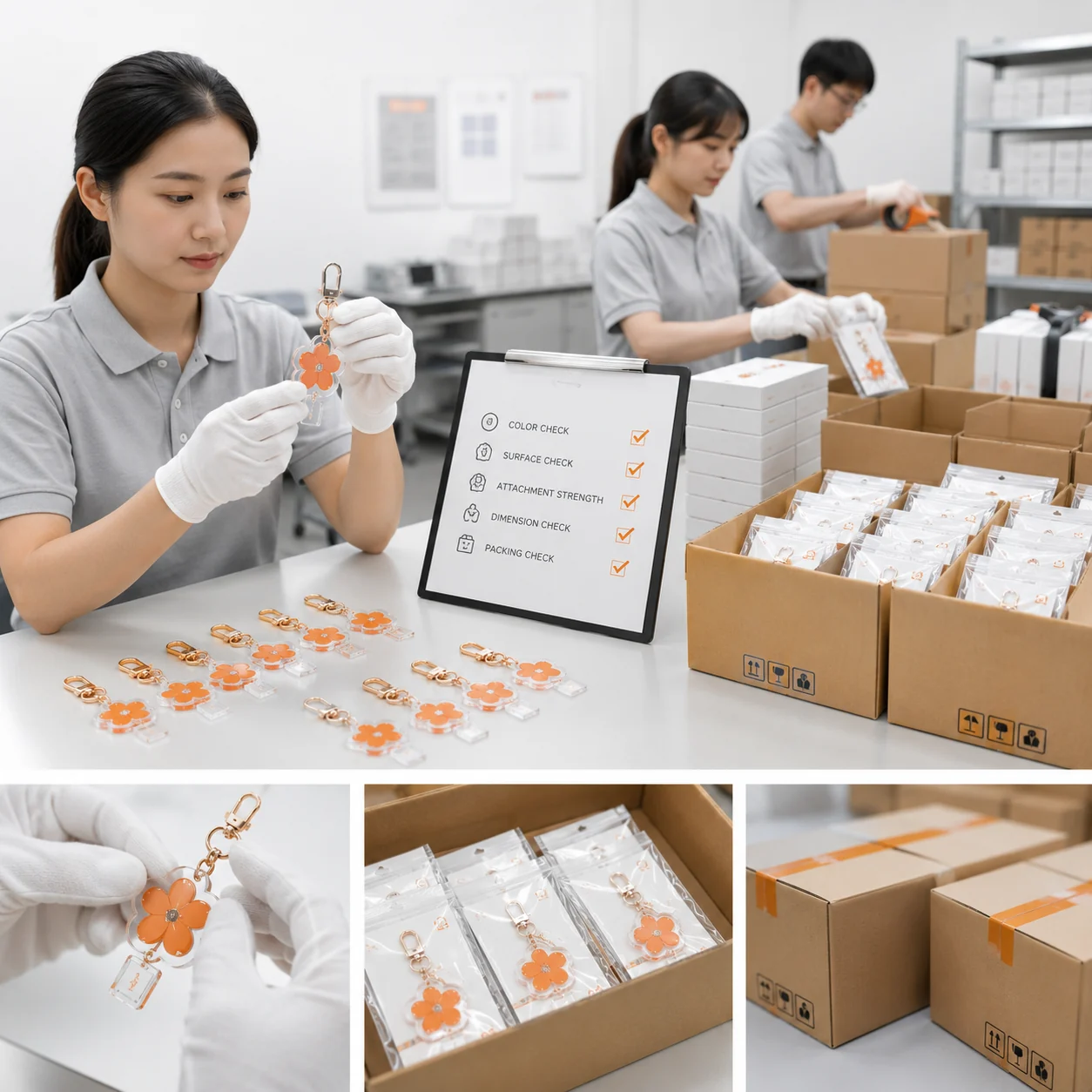 Bulk acrylic bag charm quality control and retail packing