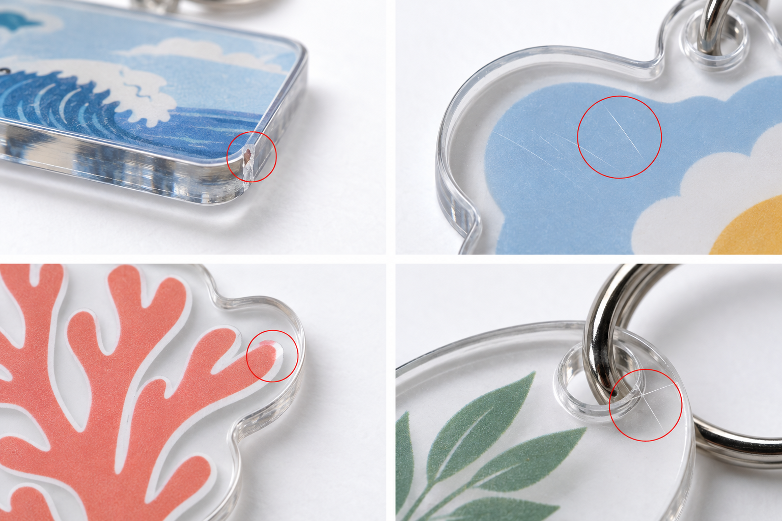 AI defect illustration: chipped acrylic edge, surface scratches, misaligned white underprint and a crack at the attachment hole.