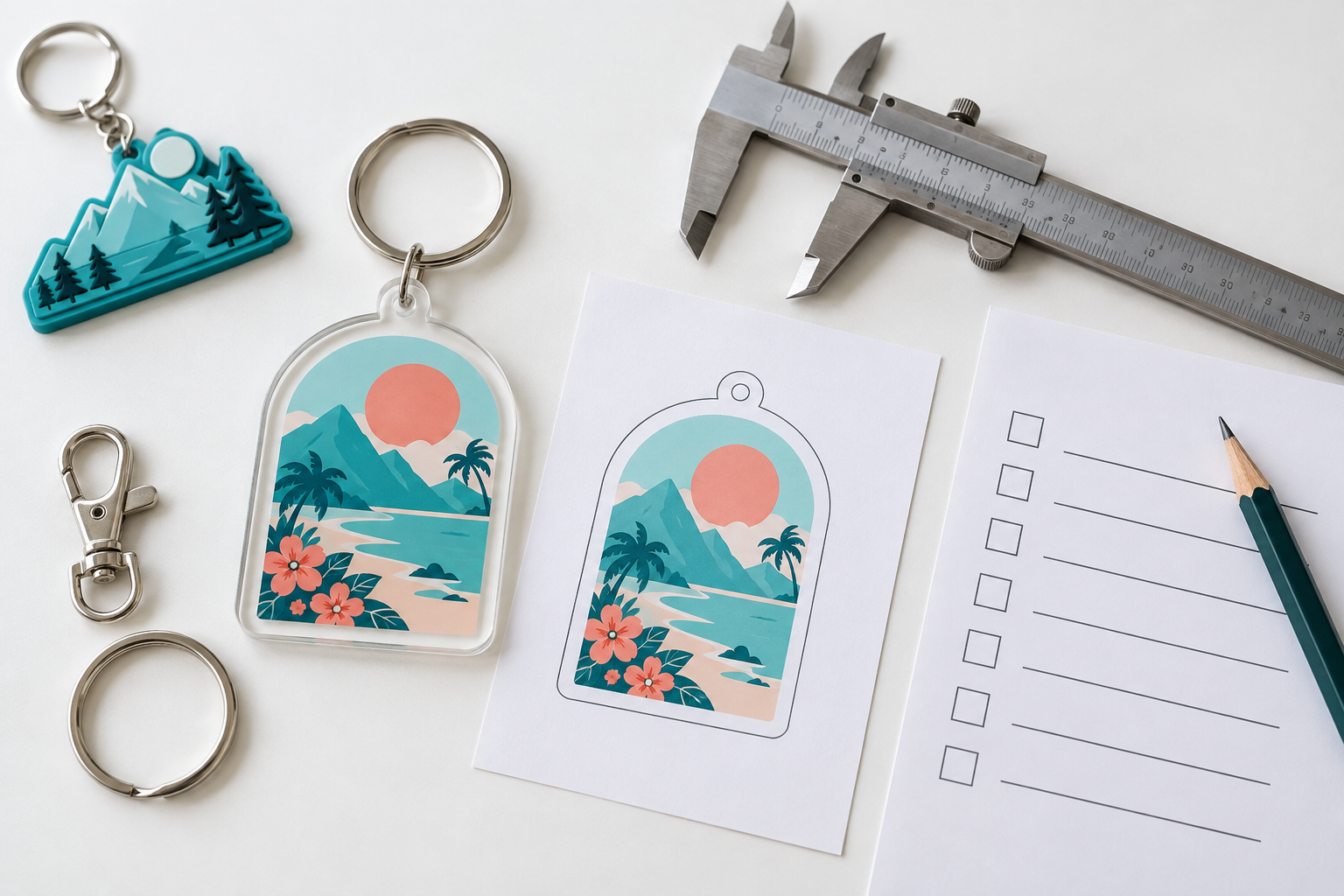 AI concept illustration of a keychain sample beside artwork, a caliper, hardware and a blank review checklist.