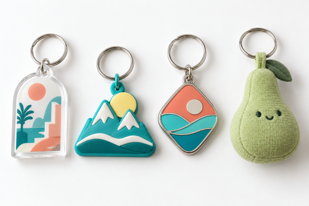 AI concept illustration of acrylic, layered PVC, metal enamel and sewn plush keychain samples.