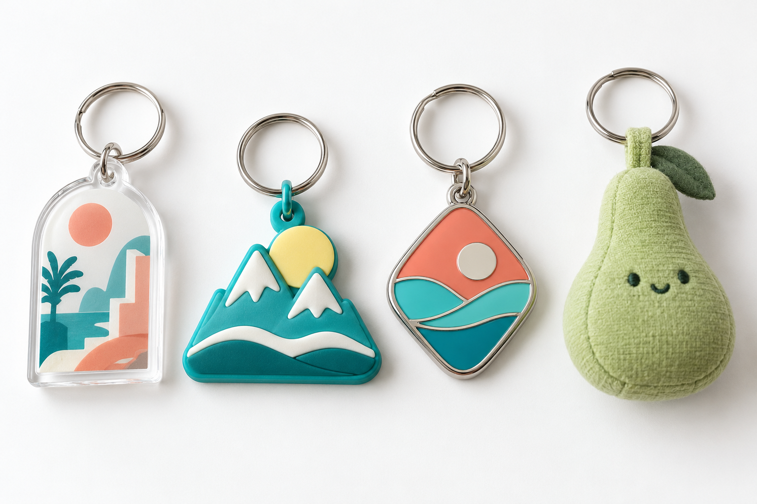 AI concept illustration of acrylic, layered PVC, metal enamel and sewn plush keychain samples.