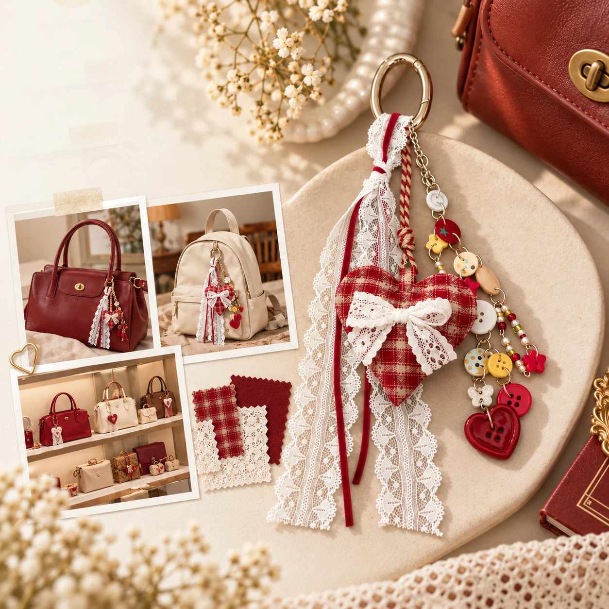 Bag charm material and clasp selection for wholesale accessory sampling