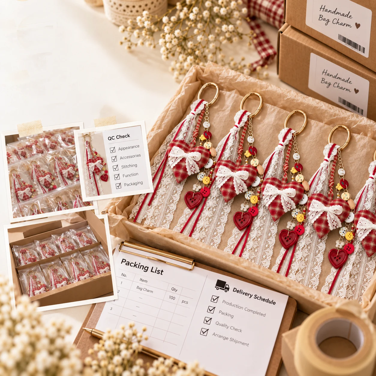 Bag charm MOQ bulk production packing with branded retail cards and accessories