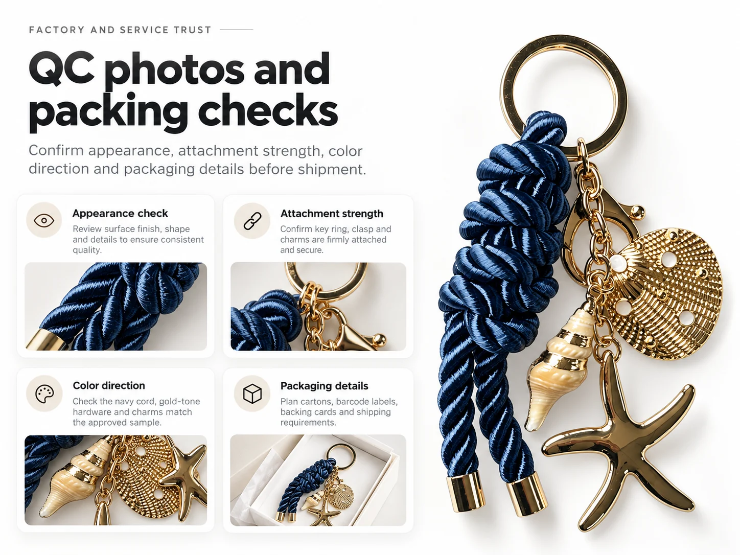 Bag charm QC photos and packing checks before wholesale shipment
