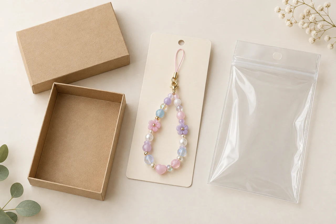 AI-generated concept: Pastel bead loop on an unprinted hanging card beside a kraft box and empty pouch.