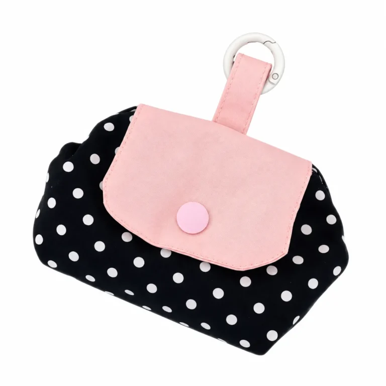 Black dotted flap pouch with pink panel