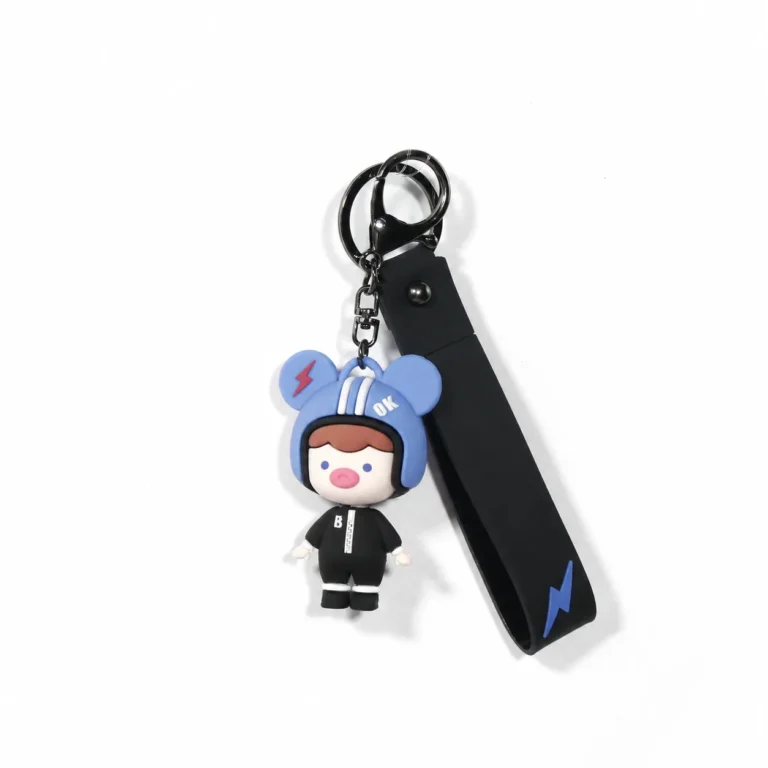 Blue-eared figure keyring with long black printed strap