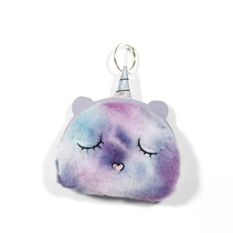 Blue fuzzy unicorn coin purse with purple patches
