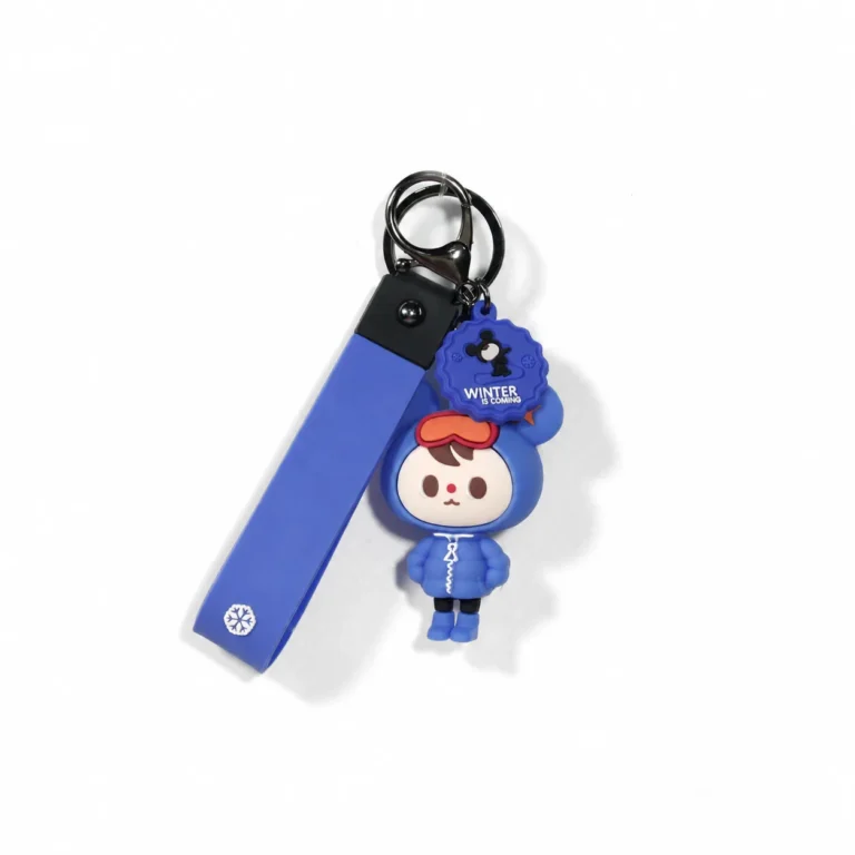 Blue hooded figure keyring with long printed strap