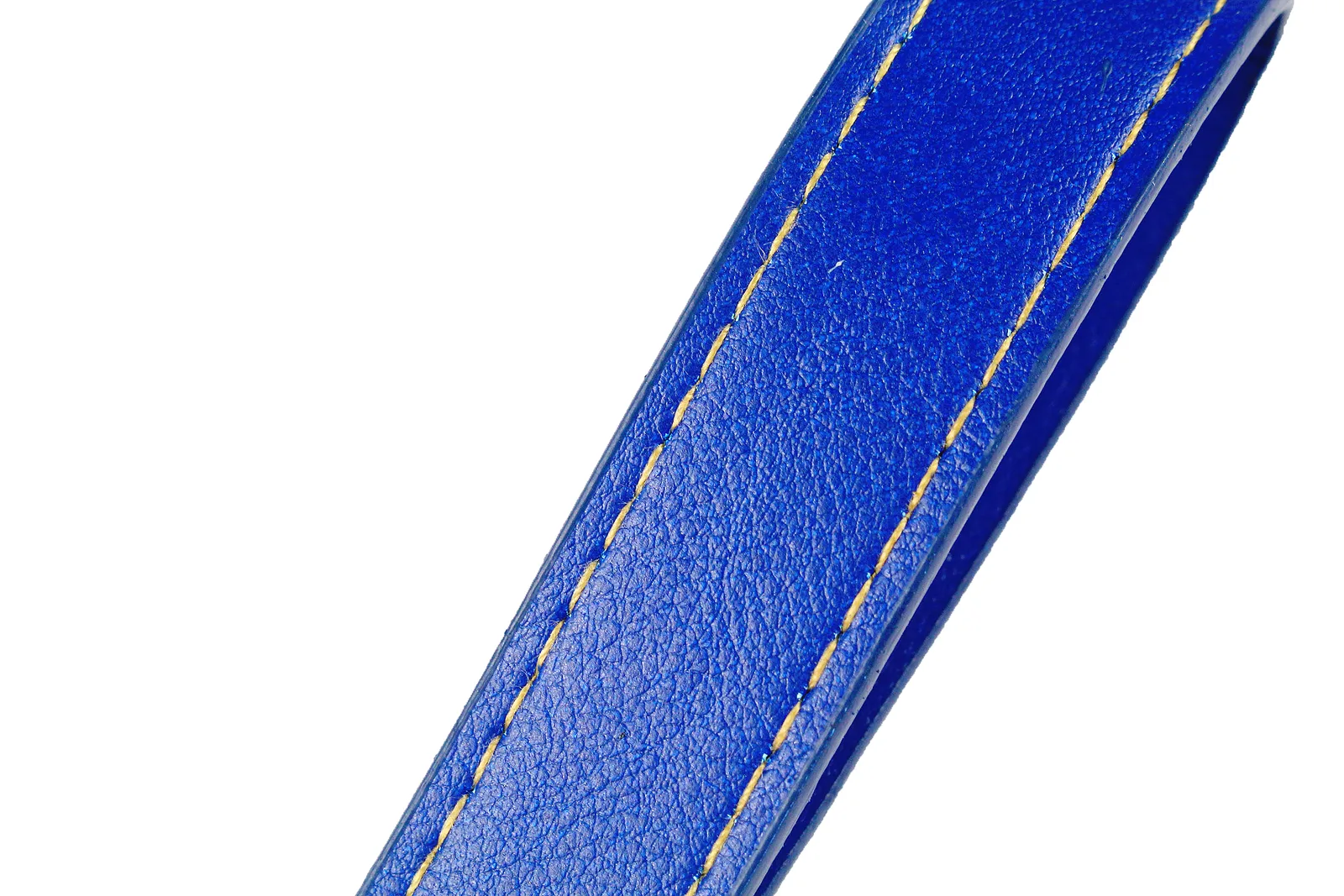 Close-up of a blue strap with pale stitching along both edges.