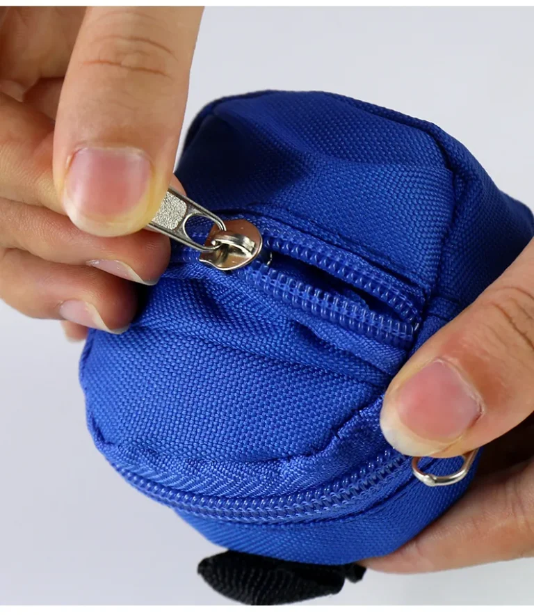 Blue mini backpack pouch zipper detail