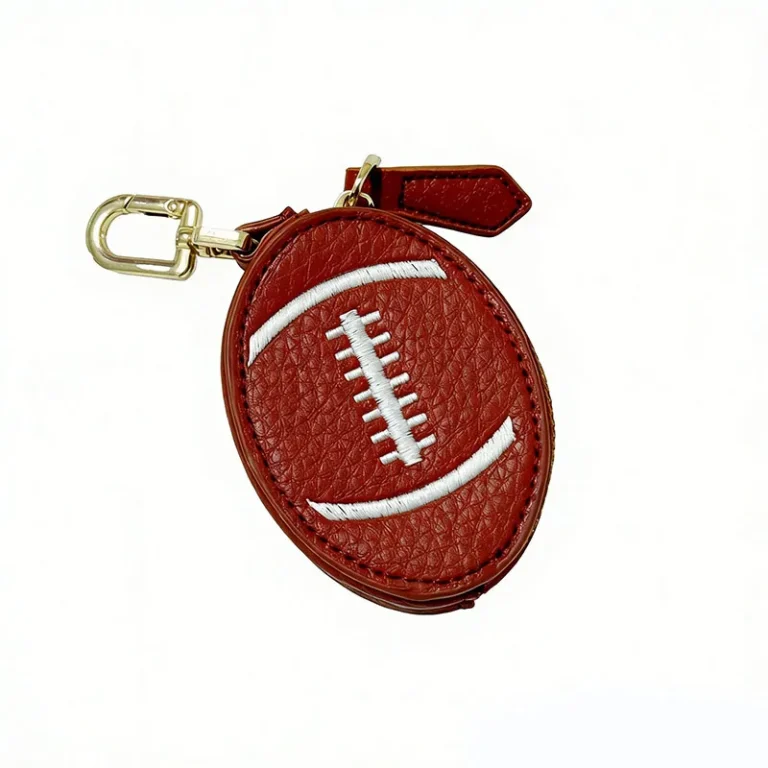 Brown football-motif coin purse keychain
