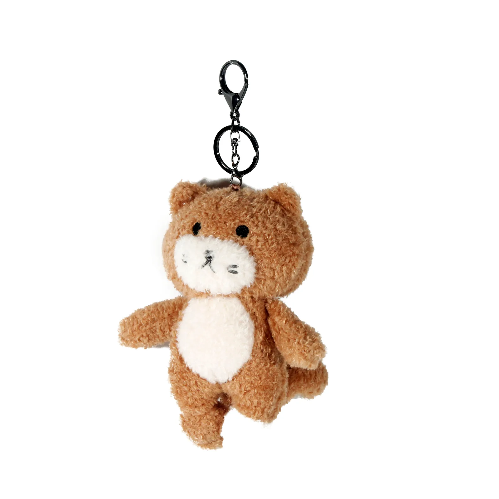 Front view of a brown-and-white plush cat-shaped charm with a dark ring and clasp.