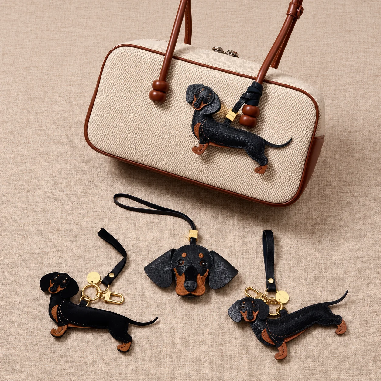 Bulk leather and PU bag charm accessory samples displayed on a handbag