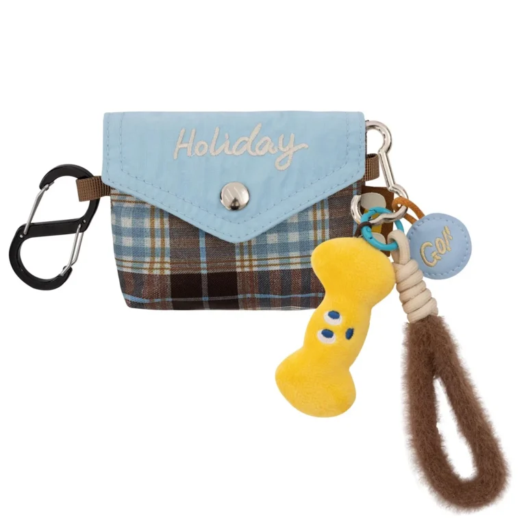 Checked blue flap pouch with character and loop charms