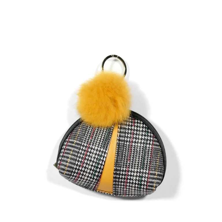 Checked coin purse with yellow stripe and pompom