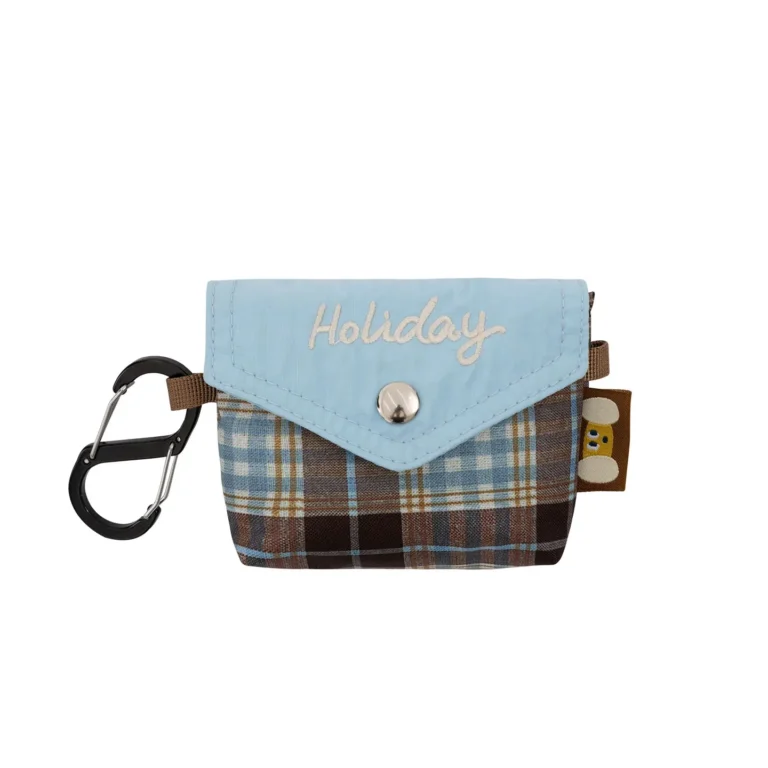 Checked flap pouch with blue panel and clip