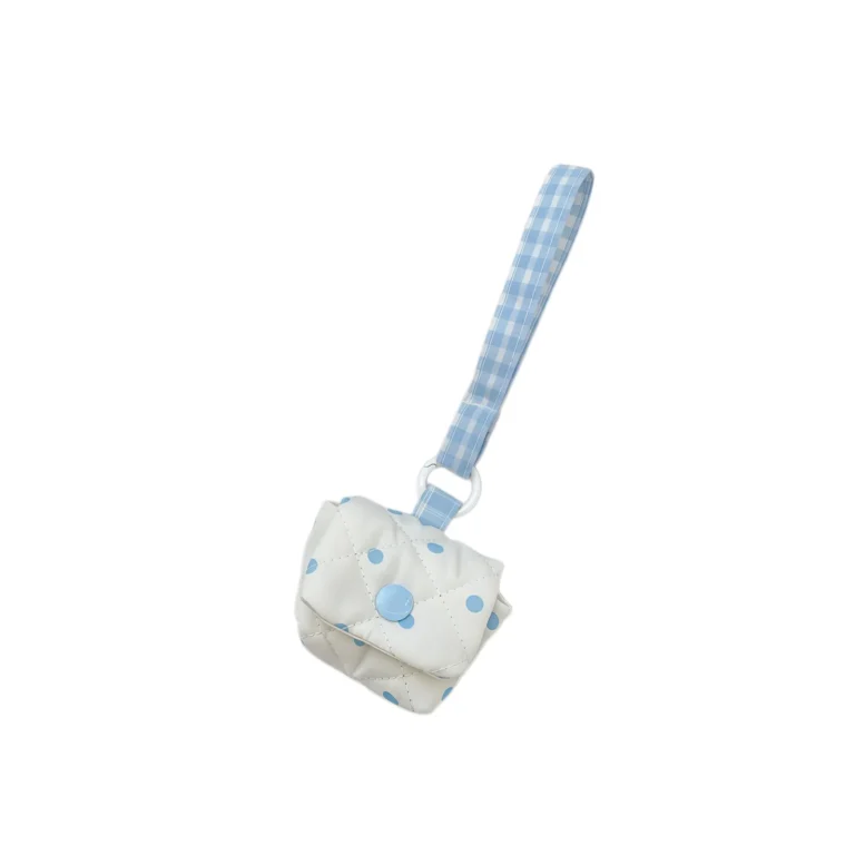 Cream dot pouch with blue wrist loop