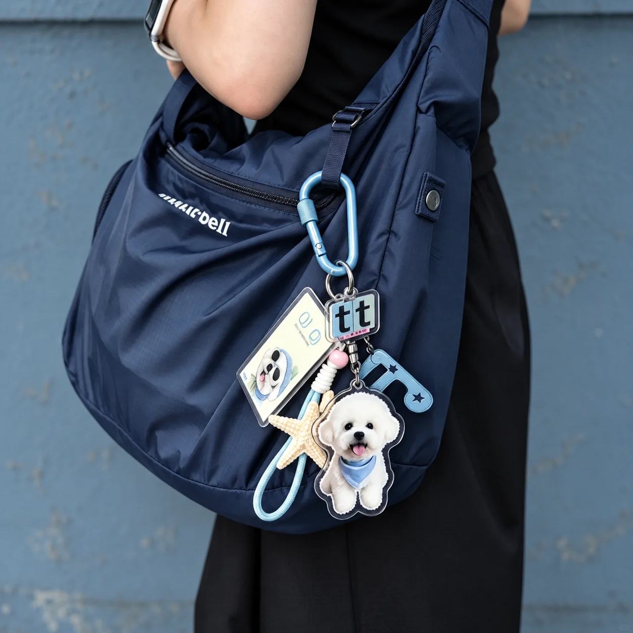Custom acrylic bag charm attached to a backpack for retail and promotional programs