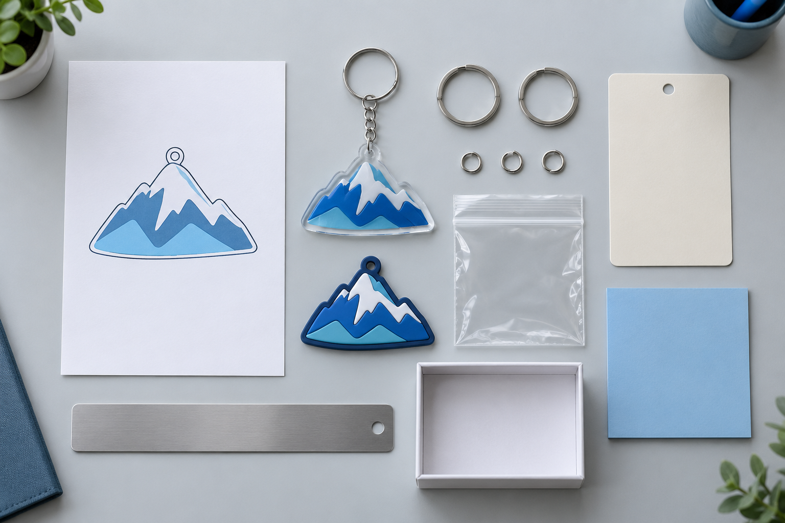 AI concept flat lay of keychain artwork, material examples, rings and retail packaging prepared for an RFQ.